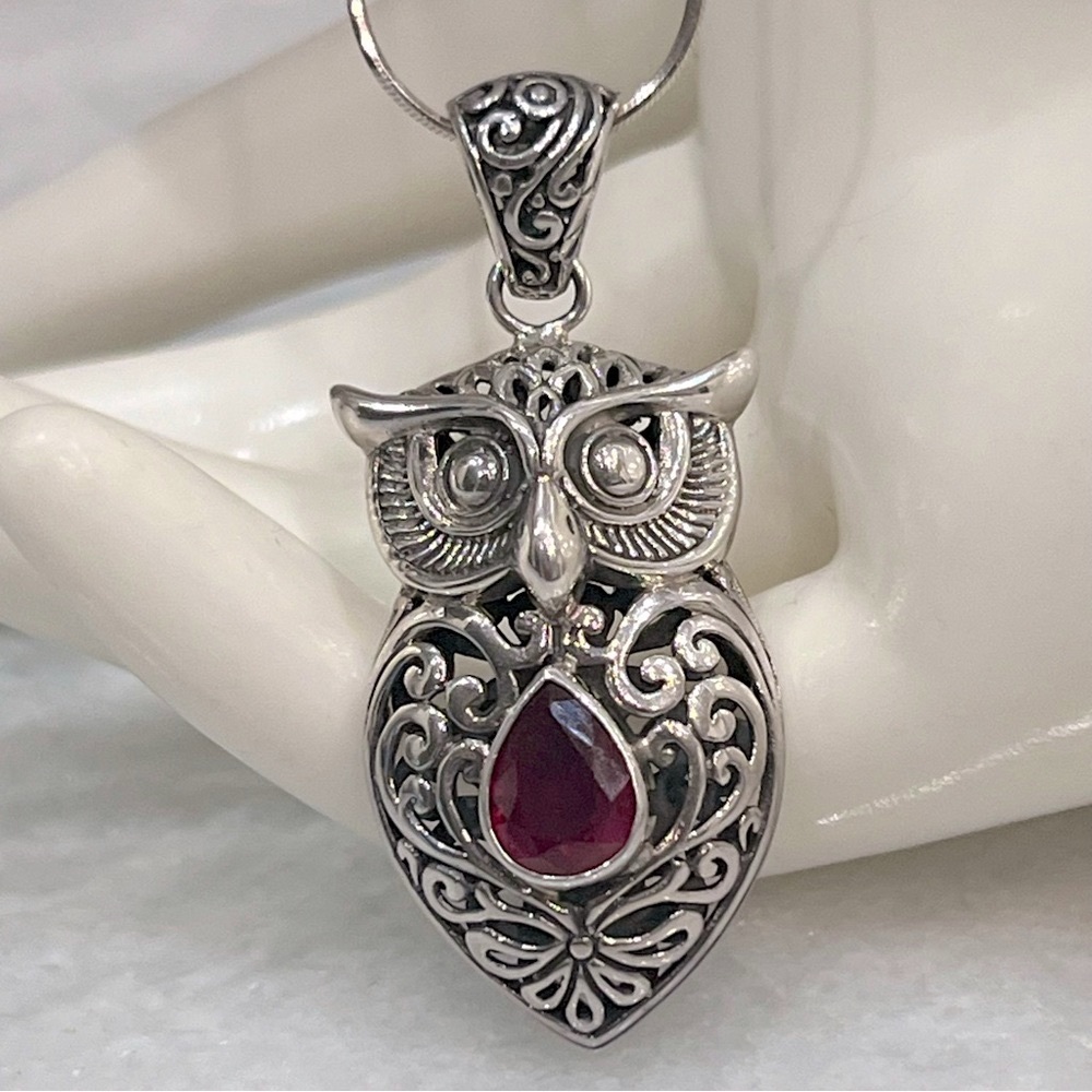 Niassa Ruby Sterling Silver Owl Pendant BOLO Necklace